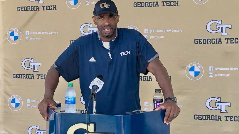 Georgia Tech defensive ends/outside linebackers coach Marco Coleman addresses media on Aug. 12, 2021 at Bobby Dodd Stadium. (AJC photo by Ken Sugiura)