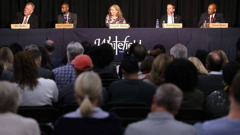 October 22, 2019 Mableton: Smyrna mayoral candidates Alex Backry (from left), Ryan Campbell, Laura M. Mireles, Derek Norton and Steven Rasin participate in a debate at Whitefield Academy on Tuesday, October 22, 2019, in Mableton. Longtime Mayor Max Bacon is not running for re-election. Curtis Compton/ccompton@ajc.com