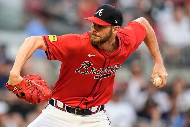Atlanta Braves pitcher Chris Sale (51) delivers in the first inning against the Cleveland Guardians during a baseball game, Friday, April 26, 2024, in Atlanta. (AP Photo/Mike Stewart)