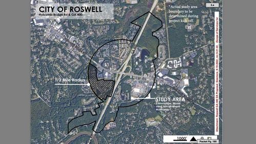 The Development Authority of Roswell recently entered into an agreement with the Sizemore Group for master planning for the intersection of Ga. 400 at Holcomb Bridge Road (study area shown here). COURTESY CITY OF ROSWELL