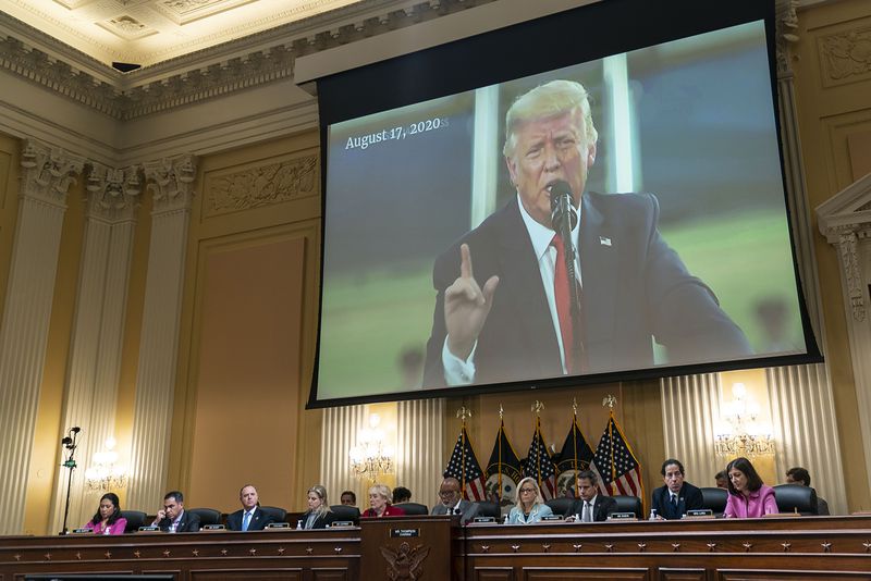 A video of former President Donald Trump is displayed on a screen during a House Select Committee to Investigate the Jan. 6 hearing in the Cannon House Office Building on Monday, June 13, 2022, in Washington, D.C. (Kent Nishimura/Los Angeles Times/TNS)