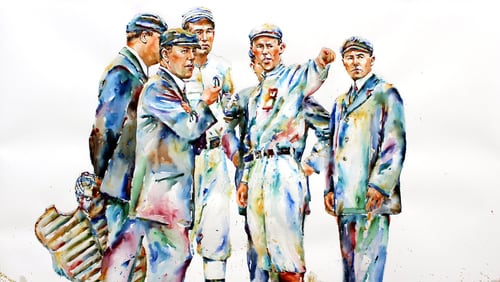 Richard Sullivan created five paintings honoring the World Series won in 1914 by the Boston Braves. The artist was a baseball player himself: He spent five years with the Atlanta Braves’ minor league affiliates in Myrtle Beach, S.C., Danville, Va., Rome, Ga., and Pearl, Miss.