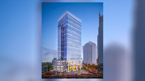 A rendering of the renovated Campanile building at the corner of 14th and Peachtree.