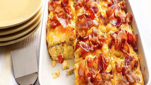 Enjoy a bountiful brunch of Bacon and Hash Brown Egg Bake before the big meal later in the day. CONTRIBUTED BY Houghton Mifflin Harcourt