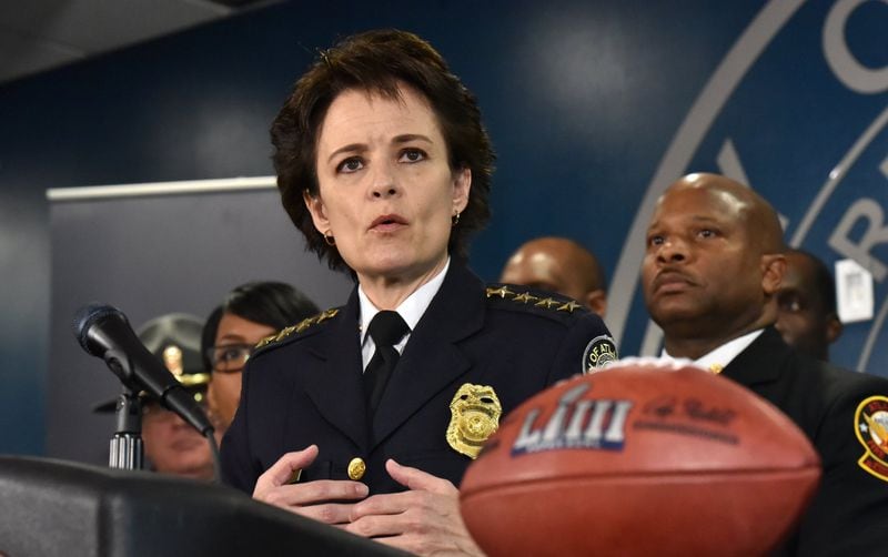 Atlanta Police Chief Erika Shields speaks during a press conference at Atlanta Public Safety Headquarters in Atlanta on Tuesday, Jan. 15, 2019. The City of Atlanta and its local, state and federal partners discussed months of public safety and emergency preparedness plans leading up to Super Bowl LIII and related events beginning on Jan. 26 and ending the Monday after the game, Feb 4. More than 1 million visitors are expected for the game and related events. 