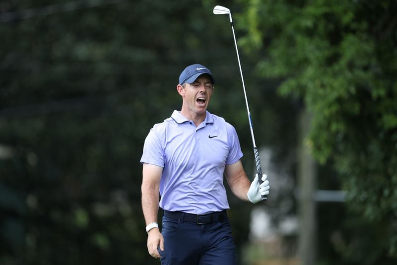  Rory McIlroy reacts to his tee shot on the second hole during the first round of the Tour Championship at East Lake Golf Club, Thursday, August 25, 2022, in Atlanta. (Jason Getz / Jason.Getz@ajc.com)