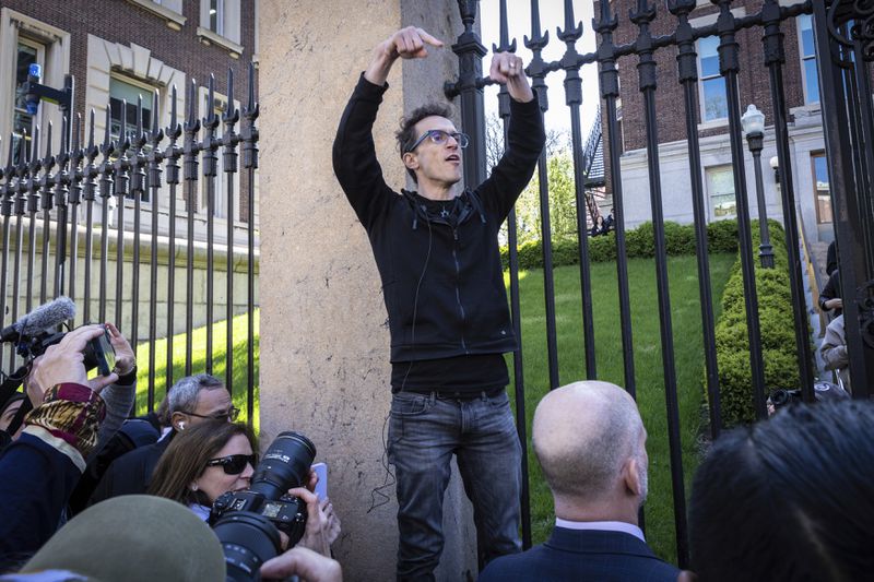 Columbia University assistant professor Shai Davidai, speaks after being denied access to the main campus, to prevent him from accessing the lawn currently occupied by pro-Palestine student demonstrators, in New York on Monday, April 22, 2024. (AP Photo/Stefan Jeremiah)