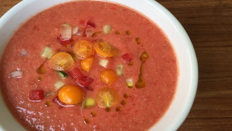Gazpacho is so good at the end of summertime, with or without fancy garnishes (or vodka!). (Bethany Jean Clement/The Seattle Times/TNS)