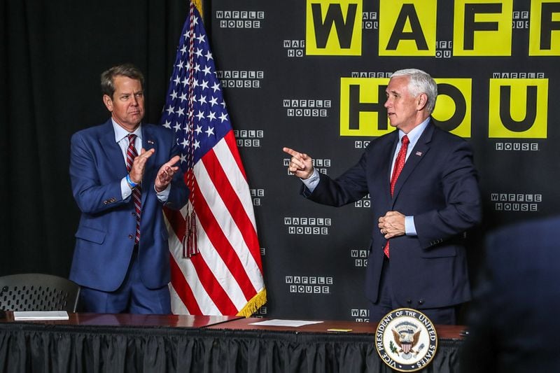 Gov. Brian Kemp and Vice President Mike Pence held a roundtable discussion with restaurant executives at the Waffle House headquarters during Pence’s visit on Friday, May 22, 2020, which also included lunch at the Star Cafe in Atlanta. (Photo; John Spink / john.spink@ajc.com)