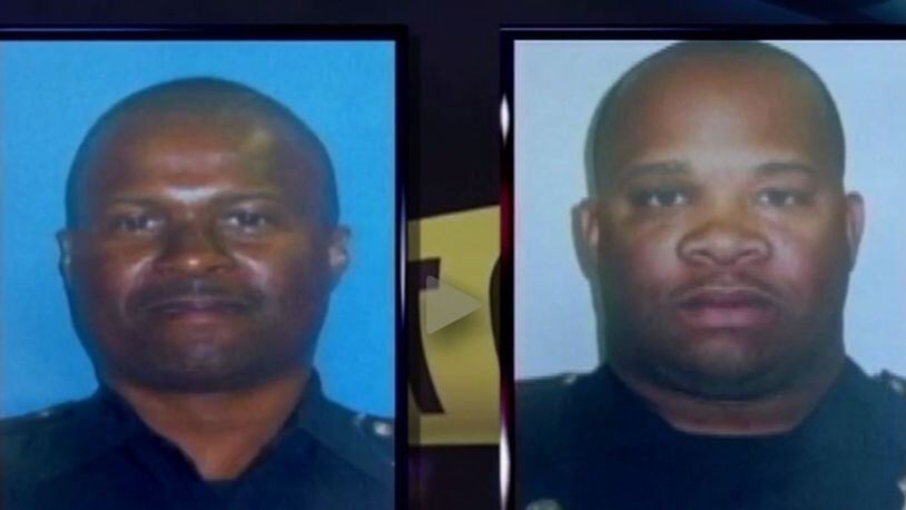Former police Sgt. Marcus Eberhart (right) was found guilty of felony murder in the April 2014 Taser death of Gregory Lewis Towns Jr. and on Wednesday, Dec. 21, 2016, was sentenced to life in prison. His co-defendant, former police Cpl. Howard Weems, was found guilty of lesser charges and was sentenced to 18 months in prison. (photo: Channel 2 Action News)