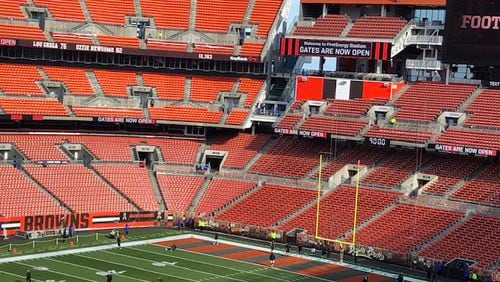 Players warming up at FirstEnergy Field before the Falcons play the Browns on Sunday, Nov. 11, 2018. (By D. Orlando Ledbetter/dledbetter@ajc.com)