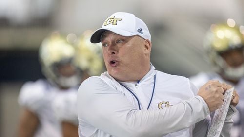 Head coach Geoff Collins talks with players during the first day of spring practice for Georgia Tech football at Alexander Rose Bowl Field in Atlanta, GA., on Thursday, February 24, 2022. (Photo Jenn Finch)