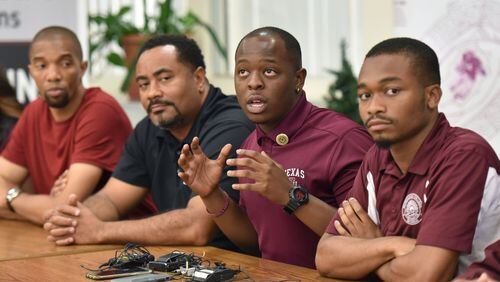 Corbrin Burton, President of Texas Southern University Student Government Association, speaks during a press conference at Morehouse College on Wednesday. Students from Texas Southern, in Houston, have been stranded in Atlanta since Hurricane Harvey hit last weekend. They had a layover in Atlanta after a football game in Tallahassee and couldn’t connect to their return flight to Houston. HYOSUB SHIN / HSHIN@AJC.COM
