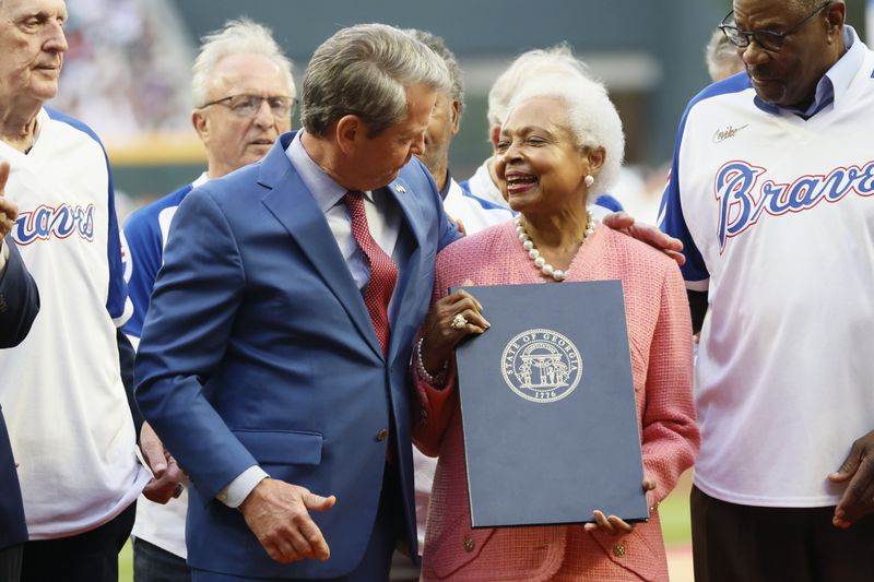 Monday was Hank Aaron Day at Truist Park. Among those on hand: Gov. Brian Kemp and Billye Aaron, wife of the late baseball great. 