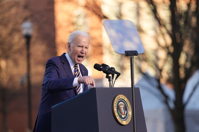 President Joe Biden speaks, endorsing changing Senate rules to pass new voting rights protections during a visit to Atlanta on Tuesday. (Doug Mills/The New York Times)