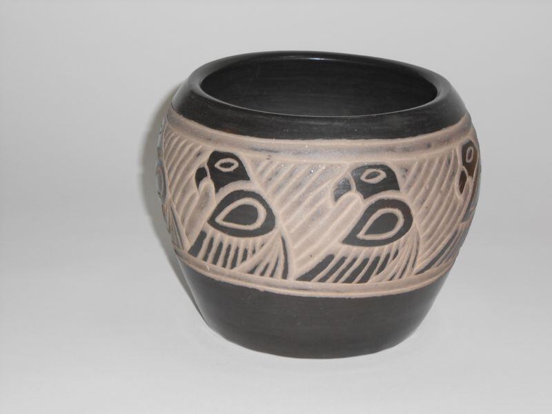 “Original Dancing Quails” (circa 1985), a hand-built, low-fired, incised ceramic vessel by Joel Queen with Louise Bigmeat Maney, is included in the touring exhibit “Ancient Forms, Modern Minds: Contemporary Cherokee Ceramics,” opening Sept. 4 at the Folk Pottery Museum of Northeast Georgia.