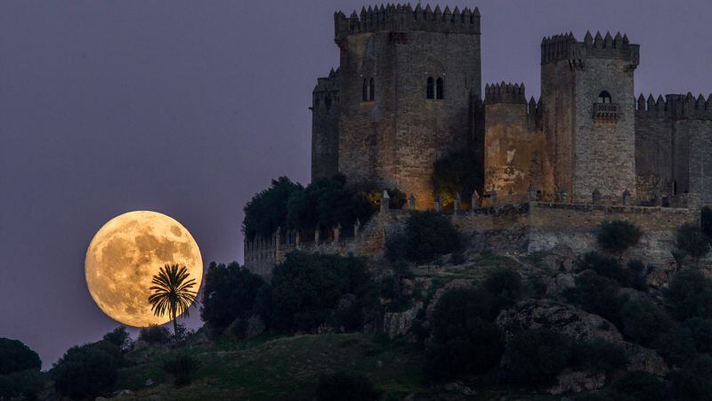 The moon rises behind the castle of Almodovar in Cordoba, southern Spain, on Sunday, Nov. 13, 2016. The Supermoon on November 14, 2016, will be the closest a full moon has been to Earth since January 26, 1948. (AP Photo/Miguel Morenatti)