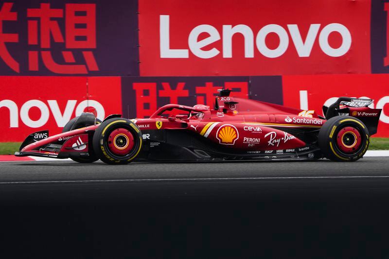 Ferrari driver Charles Leclerc of Monaco steers his car during the sprint race at the Chinese Formula One Grand Prix at the Shanghai International Circuit, Shanghai, China, Saturday, April 20, 2024. (AP Photo/Andy Wong)
