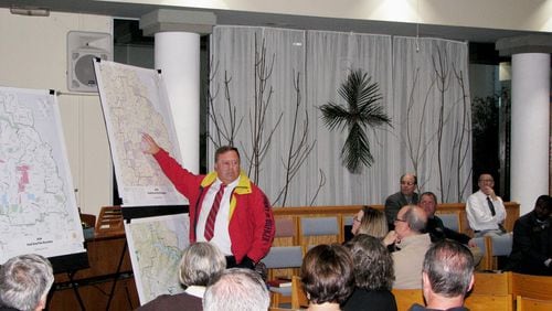 Cobb Commissioner Bob Ott describes the JOSH area - at the intersection of Johnson Ferry and Shallowford Roads - during one of the community meetings. The JOSH Master Plan was approved 5-0 recently by the Cobb commissioners for future development in that area of East Cobb. (Courtesy of Cobb County)