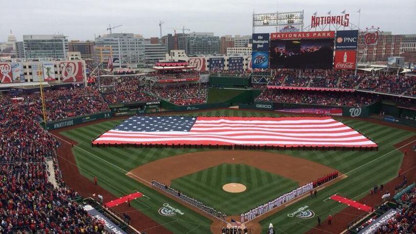 Photo taken with my iPhone at 12:50 p.m. today during National Anthem here at Nats Park. (You can see Capitol Building in upper left corner.)