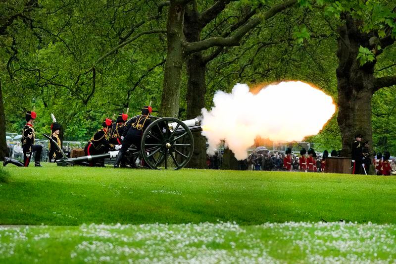 The King's Troop Royal Horse Artillery fire a 41 Gun Royal Salute in Green Park to mark the first anniversary of the Coronation of Britain's King Charles III and Queen Camilla, in London, Monday, May 6, 2024. (AP Photo/Frank Augstein)