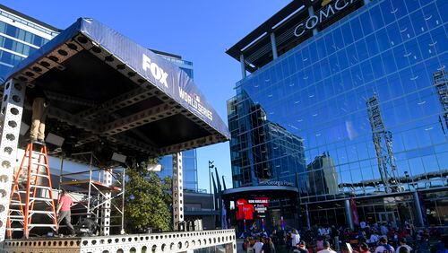 Crews from Fox Sports set up a stage last week that was used for pregame shows before World Series Games 3, 4 and 5 at Truist Park.  (Photo by Daniel Varnado for the Atlanta Journal-Constitution)