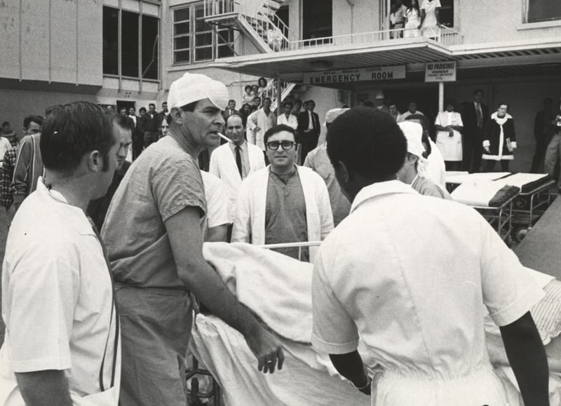 Dr. Sam Stephens, chief of surgery at Duval County Medical Center, receives patients being airlifted in from Woodbine, Georgia, where an explosion at the Thiokol Chemical plant killed 29 people and injured several others on Feb. 3, 1971.