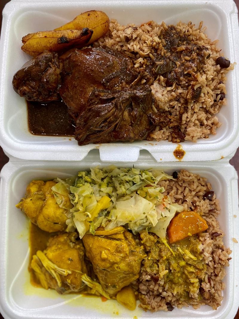 Among the lunch specials at Kingston’s Caribbean are brown-stew chicken with rice and peas and plantains (top) and curry chicken with rice and peas and cabbage. Wendell Brock for The Atlanta Journal-Constitution