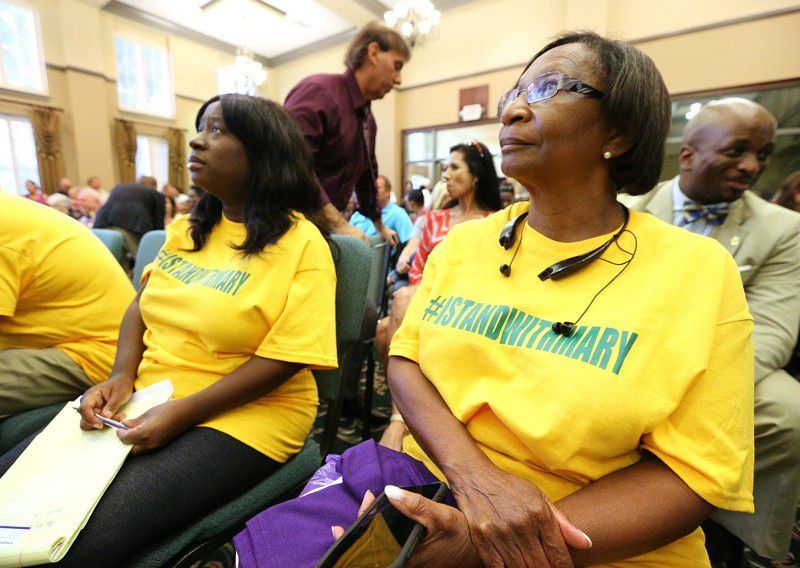 Buford native Mary Ingram, who worked as a paraprofessional, filed suit against the Buford school system in June 2018. She contends former superintendent Geye Hamby retaliated against her because she questioned the school board why the color gold — representing the city’s black school district before the system was integrated in 1969 — wasn’t included in the district’s green and white emblem.Hamby resigned in August 2018, just days after the AJC published a story about the recordings. (CREDIT: Curtis Compton / ccompton@ajc.com)