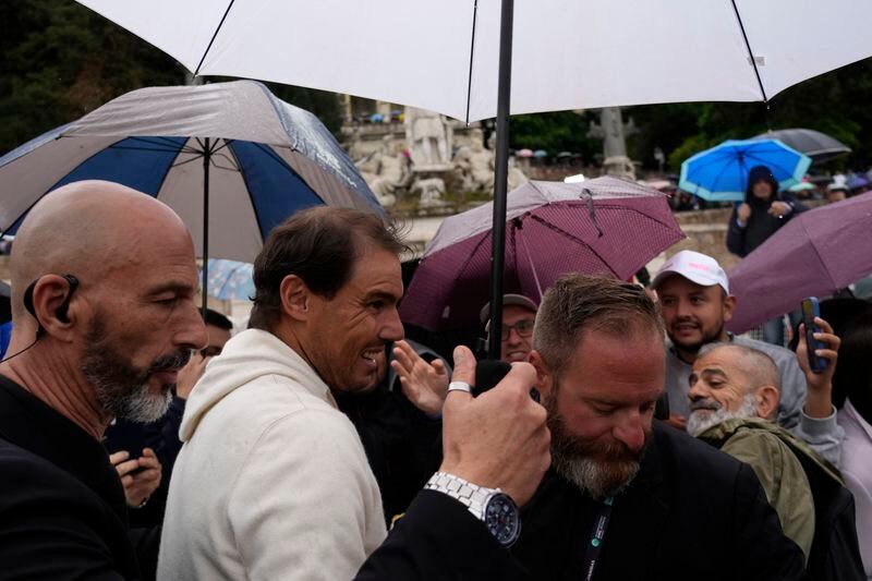 Rafael Nadal meets supporters during an event at Rome's Piazza Del Popolo, Wednesday, May 8, 2024. The 37-year-old Nadal, who has indicated that this will be his final year on tour, has played only nine matches this year after missing nearly all of 2023 due to a hip injury that required surgery. (AP Photo/Alessandra Tarantino)