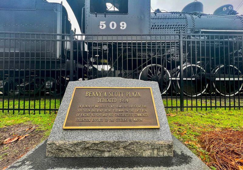 Memorial plaque for Benny Scott in Carolyn Crayton Park located at 3318 Brooklyn Ave. in Macon. Scott served in World War II and after the war to become the first Black locomotive engineer for the Norfolk Southern. (Photo Courtesy of Jason Vorhees/The Telegraph)