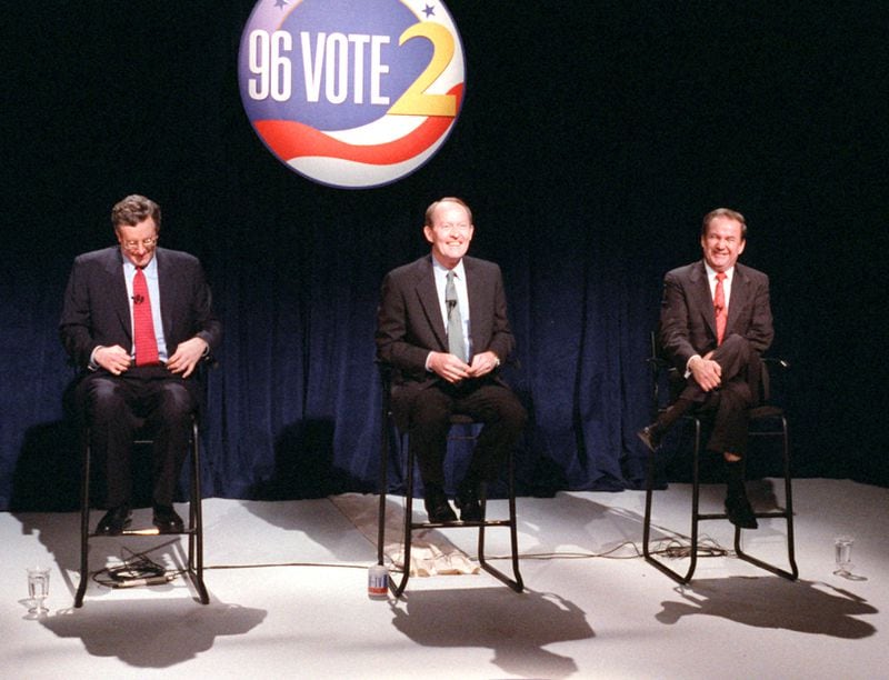 Republican presidential candidates (from left) Steve Forbes, Lamar Alexander and Pat Buchanan get ready before they went live on television for a debate Sunday night at the studios of WSB-TV. (AJC Photo/Frank Niemeir) 3/96