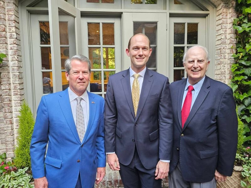 Gov. Brian Kemp (left) and former Gov. Roy Barnes (right) are backing Fulton Superior Court Judge Scott McAfee (center) in the upcoming election.