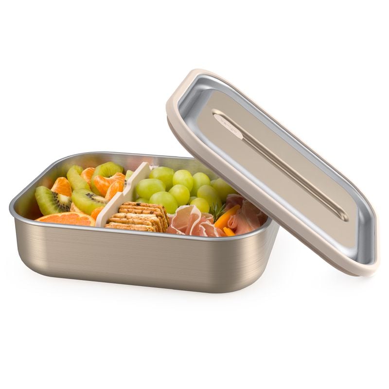 A delicious lunch is securely packed in a Bentgo stainless-steel container.
(Courtesy of Bentgo)