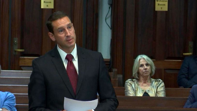 Prosecutor Jesse Evans argues a motion during the murder trial of Justin Ross Harris at the Glynn County Courthouse in Brunswick, Ga., in 2016. Evans, who has been the lead prosecutor in the Ahmaud Arbery murder case, is leaving the Cobb County district attorney's office. (screen capture via WSB-TV)