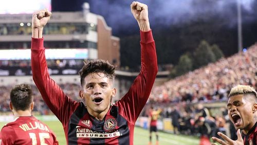 Atlanta United's Yamil Asad reacts to scoring the franchise's first goal in the first half of Sunday's game.