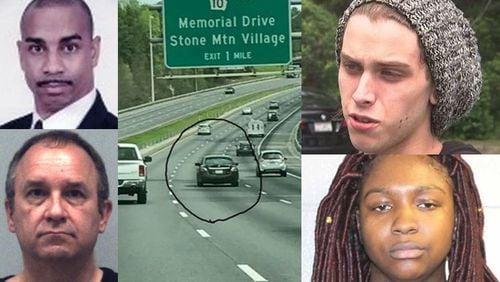 Top left: Gerald Tisdale, 52, was shot and killed March 30 by a gunman who was believed to be riding in the black car, circled, on Stone Mountain Freeway. Lower left: John Armitage has been charged with shooting at another driver who failed to let him change lanes in Lilburn. Upper right: Shawn McLaughlin, 19, had a middle-age driver rush his car, urging him to fight. McLaughlin obliged and pinned the man down. Lower right: Kamyrah Parks is charged with whacking a vehicle — and one of its occupants — with a Dirt Devil vacuum. (AJC and WSB-TV photos)