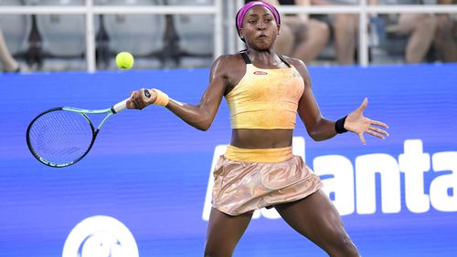 Coco Gauff, who grew up in Atlanta, returns a serve during an exhibition match Sunday at the Atlanta Open. Gauff played another exhibition match Monday night at Atlantic Station. (Daniel Varnado/for The Atlanta Journal-Constitution)