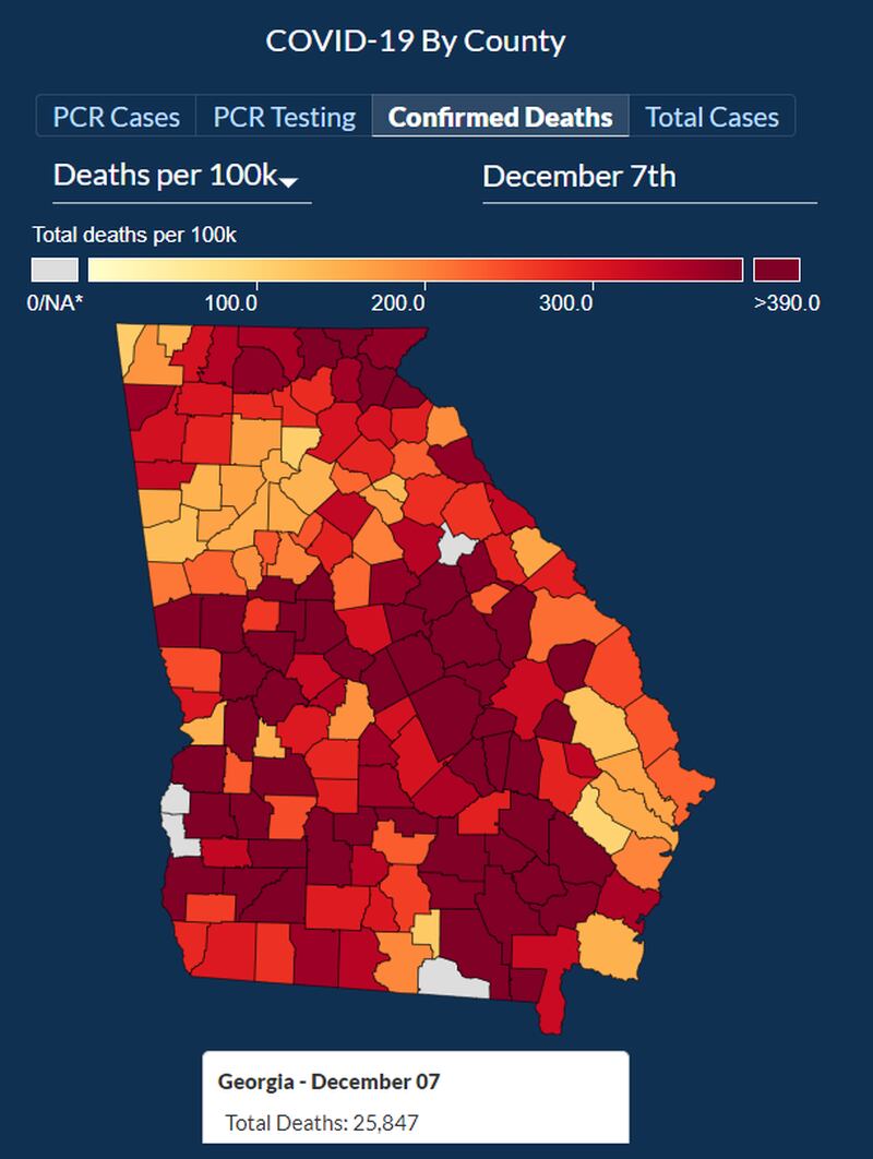 The rate of death from COVID-19 is lower in metro Atlanta than in many other parts of the state, according to data from the Georgia Department of Public Health on Dec. 7, 2021.