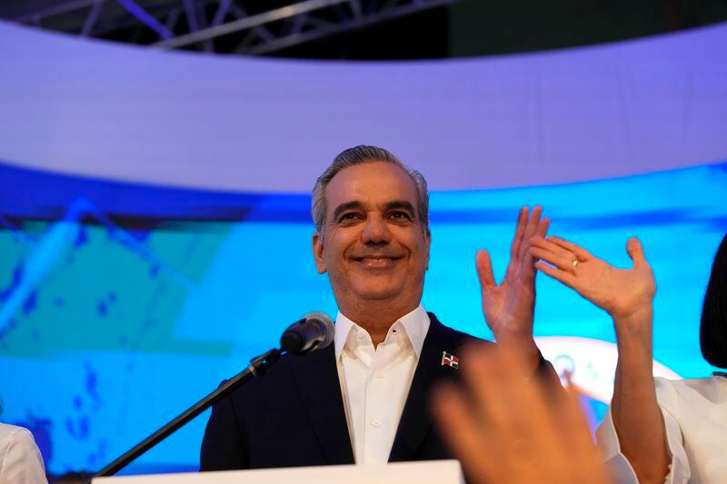 Incumbent presidential candidate Luis Abinader addresses supporters after the first vote count showed him leading in general elections in Santo Domingo, Dominican Republic, Sunday, May 19, 2024. (AP Photo/Matias Delacroix)
