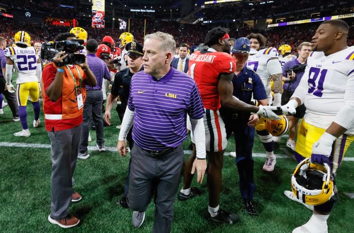 LSU Tigers head coach Brian Kelly leaves the field after the loss.  UGA defeated LSU 50 - 30 in the SEC Championship between the Georgia Bulldogs and the LSU Tigers In Atlanta on Saturday, Dec. 3, 2022. (Bob Andres / Bob Andres for the Atlanta Constitution)