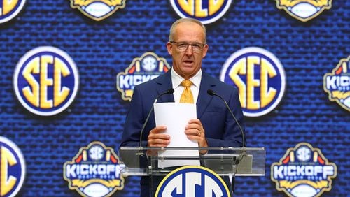 SEC Commissioner Greg Sankey holds his opening press conference to begin SEC Media Days at the College Football Hall of Fame on Monday, July 18, 2022, in Atlanta. (Curtis Compton/AJC file)