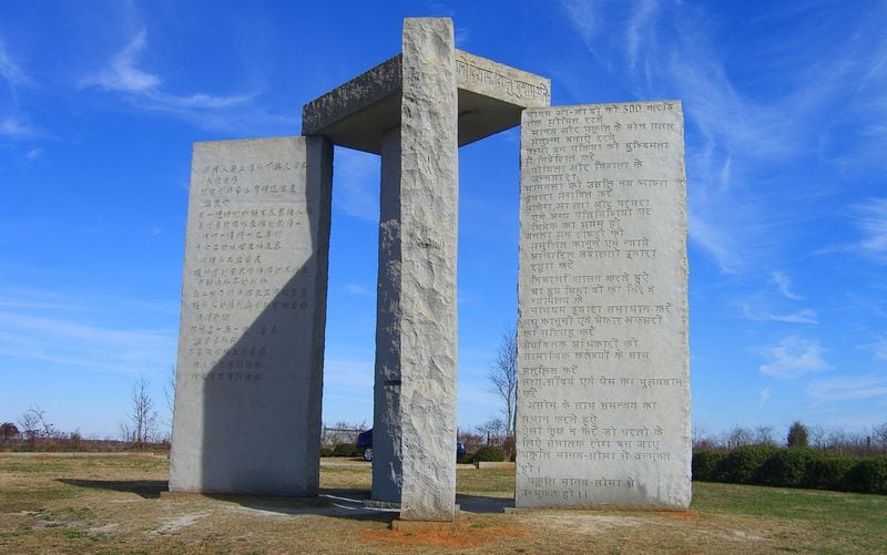 The Georgia Guidestones are located just north of Elberton, about a two-hour drive northeast of Atlanta. The monument consists of four strategically placed rectangular stones standing 19-feet-3-inches tall and a capstone slab atop the installation.
