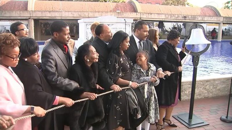 The King family, including all of the siblings, rang a bell 39 times to mark the age at which their father was killed in 1968. They gathered at the refurbished King Center to mark the 50th anniversary.