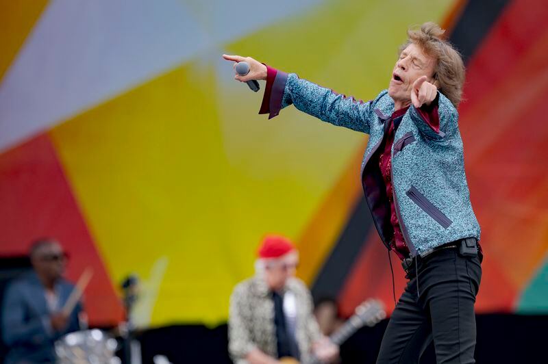 Mick Jagger and Keith Richards, of the Rolling Stones, perform during the New Orleans Jazz and Heritage Festival in New Orleans, Thursday, May 2, 2024. (AP Photo/Matthew Hinton)
