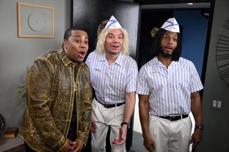 Actor Kenan Thompson, host Jimmy Fallon, and actor Kel Mitchell during the “Two Eds Are Better Than One” Cold Open on Friday, March 17, 2023. (Photo by: Todd Owyoung/NBC)
