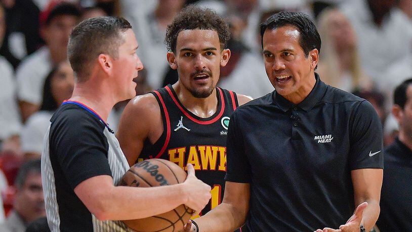Hawks guard Trae Young has taken umbrage with the officiating in regards to Erik Spoelstra's Miami Heat. (Michael Laughlin/South Florida Sun Sentinel/TNS)