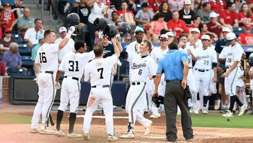 Georgia Tech's Michael Guldberg (6) celebrates after hitting a home run during game fourteen of the 2019 ACC Baseball Tournament in Durham, N.C., Saturday, May 25, 2019. (Photo by Liz Condo, the ACC)