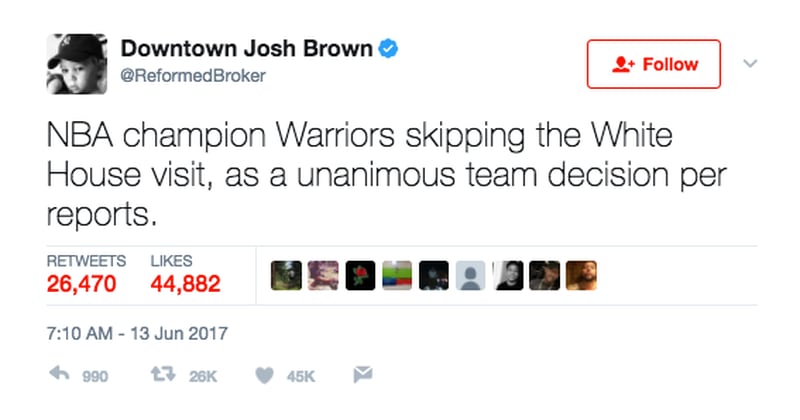 CNBC analyst Josh Brown tweeted on Tuesday morning that the Warriors unanimously voted to decline the upcoming traditional White House invitation for their 2017 NBA Finals win.