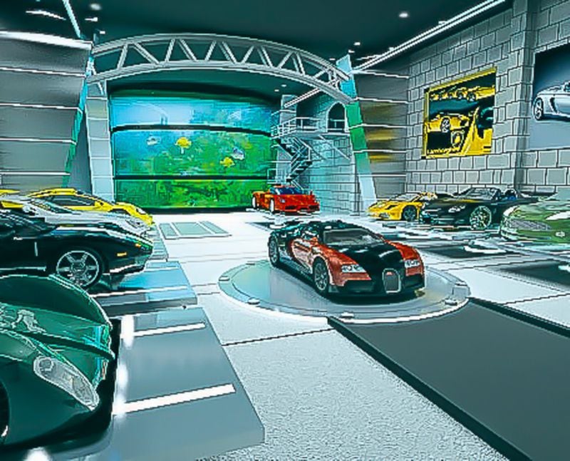 One of two car courts in the home is inside the 'bat cave.' The other is an upper court for family use. Image courtesy of Paul Wegener,  Atlanta Fine Homes Sotheby's International Realty